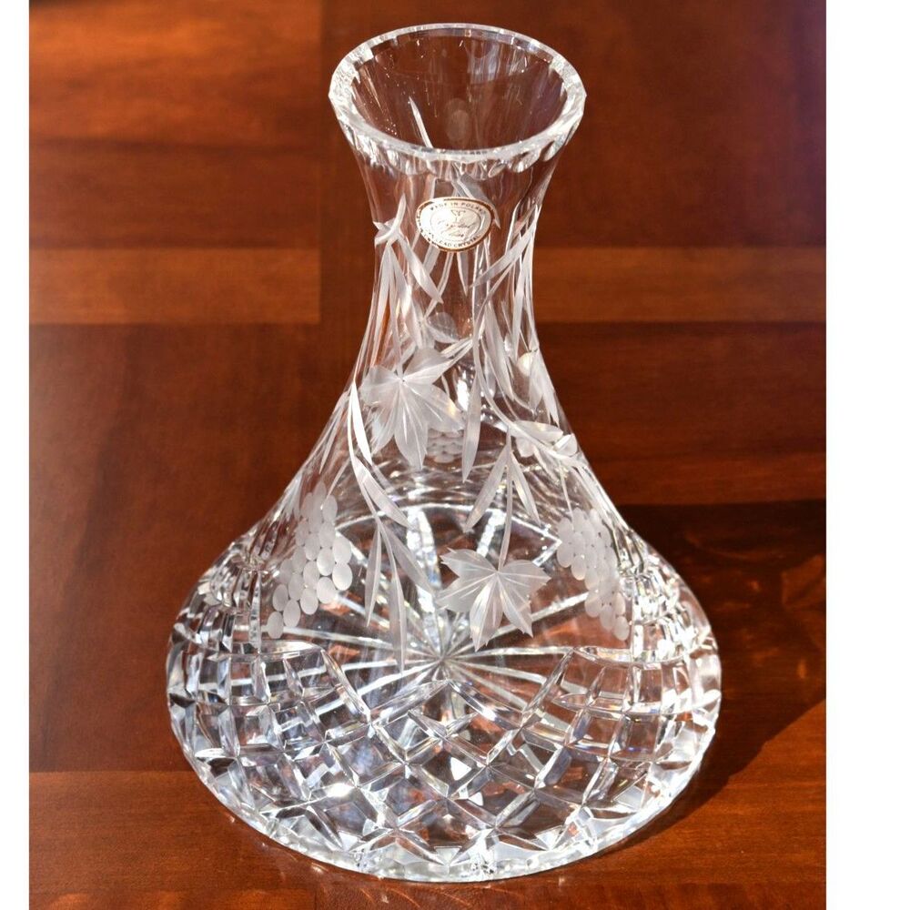 Polish 24% Lead Crystal Clear Decanter with Grape Motif – 9.25" Tall